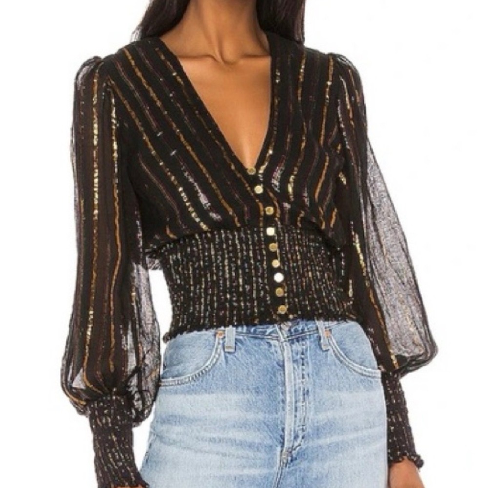 Karina Grimaldi Black Metallic Gold Rainbow Stripe Smocked Blouse V-Neck Small